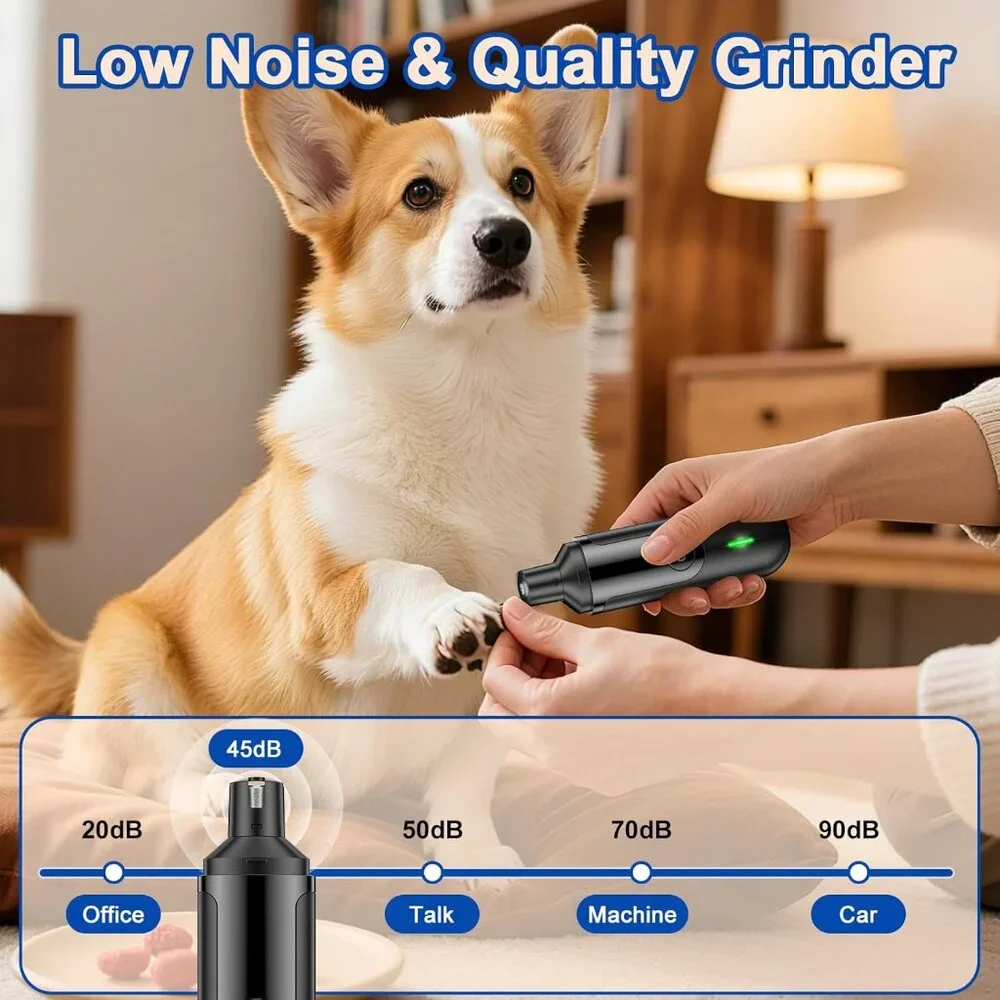 Dog Nail Grinder for dogs/cats of all Sizes. Quiet, Low Vibration Nail Trimmer